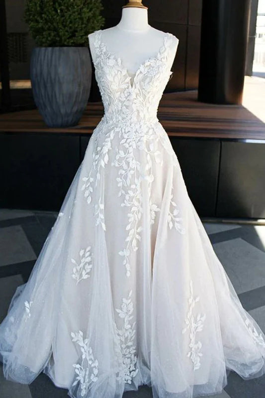 Beautiful A-line V-neck floor sweeping skirt with lace wedding dress