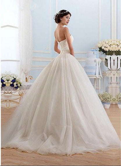 White Tulle Sweetheart Strapless Open Back Ball Gown Sleeveless Floor-Length Wedding Dress