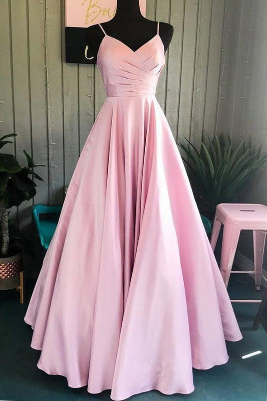 Sweet A-shaped V-neck pink thin shoulder strap off shoulder satin ball dress formal dress