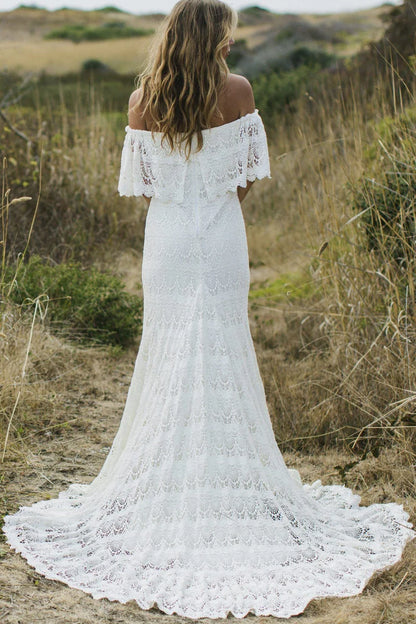 A Line Off the Shoulder Ivory Lace Beach Wedding Dresses Chiffon Bridal Dress