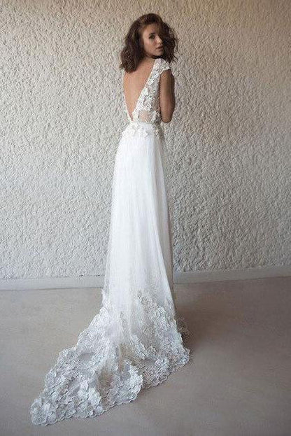 A Line Tulle Lace Appliques Wedding Dresses Short Sleeve Backless V Neck Bridal Dress