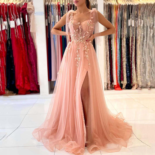 Beautiful Straps Pink A-Line Elegant Appliques Long Prom Dresses With Split