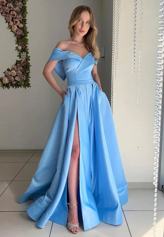 Blue A Line Off The Shoulder Floor Length Satin With Slit Prom Dresses