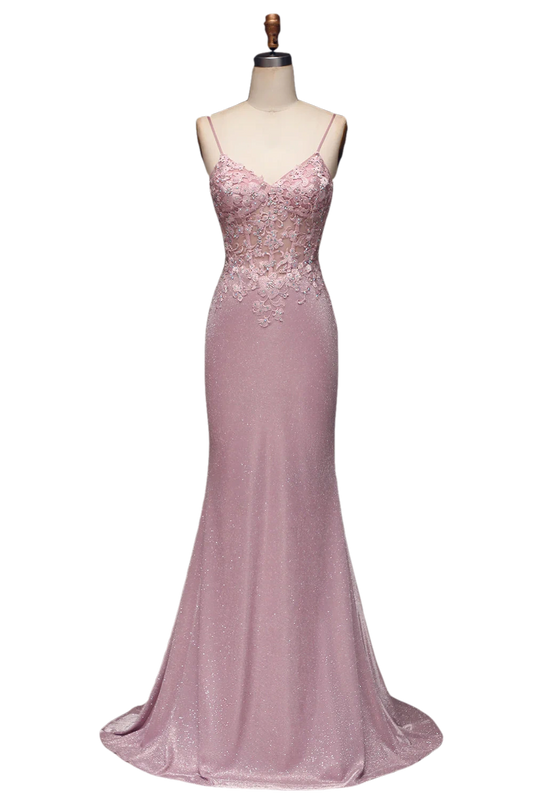 Sparkling pink powder blusher mermaid thin shoulder belt beaded long prom dress