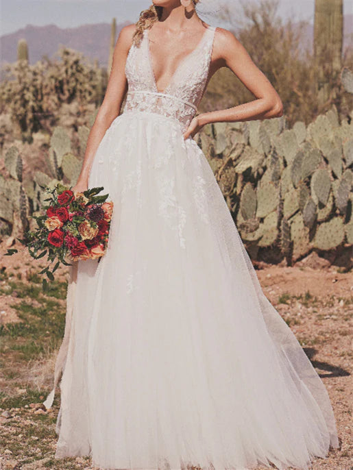 A-Line/Princess V-Neck Floor-Length Wedding Dress