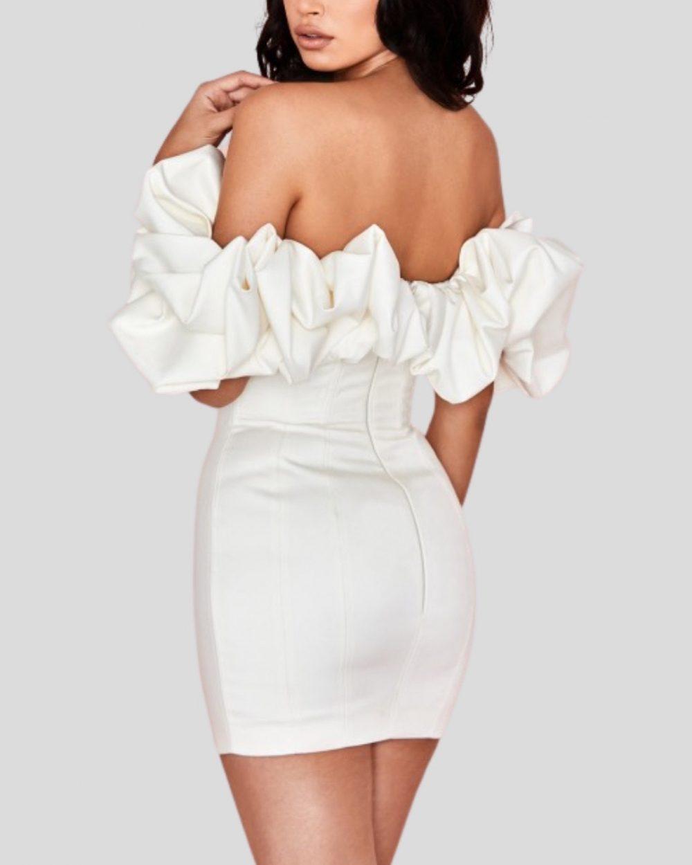 Elegant solid color patchwork ruffle edge off shoulder short dress