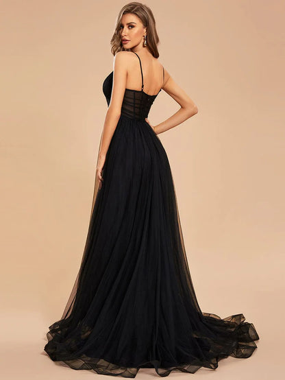 Custom Size Illusion Spaghetti Strap High Slit Tulle Formal Dress with Train