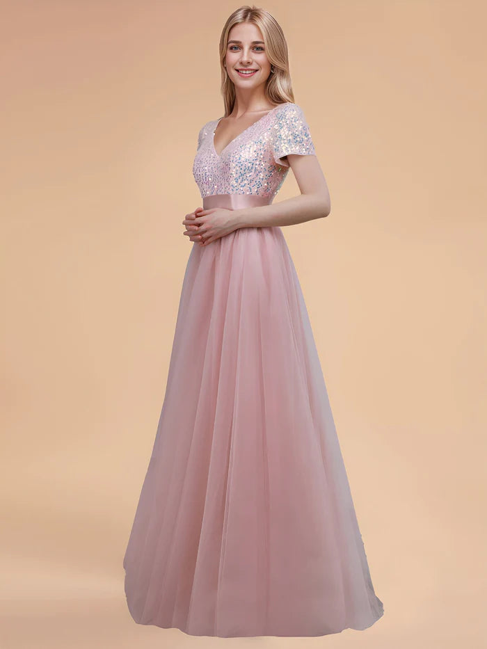 Custom Size Sequin V-neck A-line Ribbon Waist Tulle Prom Dress