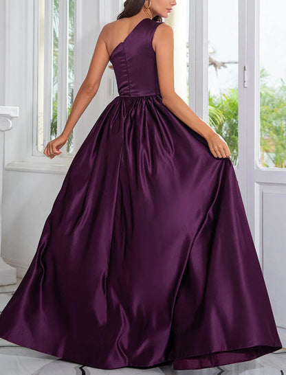 Charming A-Line Satin One Shoulder Purple Prom Dresses With Side Split