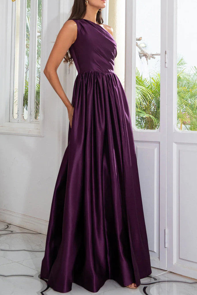 Charming A-Line Satin One Shoulder Purple Prom Dresses With Side Split