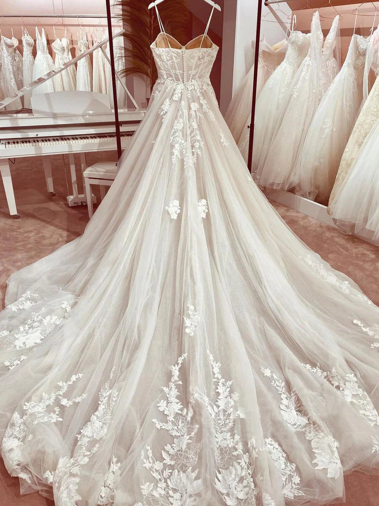 Elegant Italian Noodle Strap A-Line Lace Wedding Bridal Dress