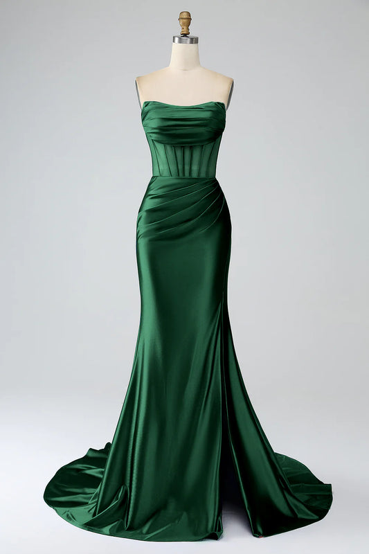 Deep green slit fishtail strapless tight fitting corset with long prom dress