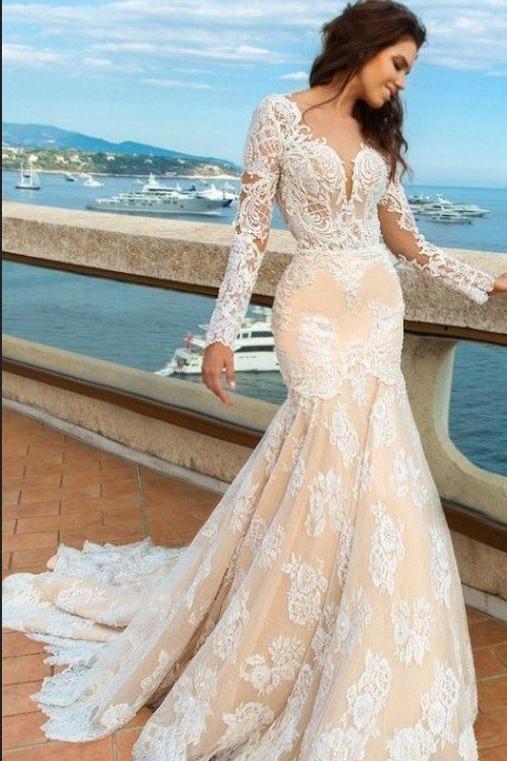 White Lace Mermaid Deep V-Neck Backless Long Sleeve Wedding Dresses