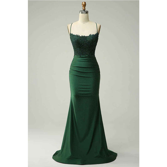 Sticker Beaded Mermaid Hanging Neck Deep Green Long Prom Dress