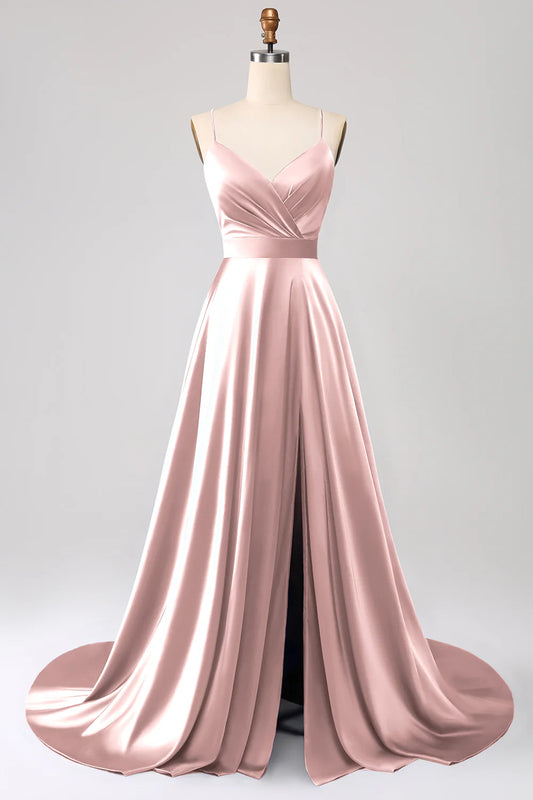 Dusty Rose A-line thin shoulder strap slit satin ball dress