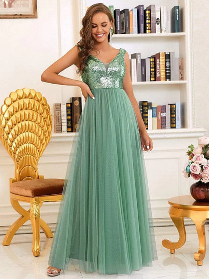 Shiny Sequin Bodice Off the Shoulder Maxi Tulle Evening Dress