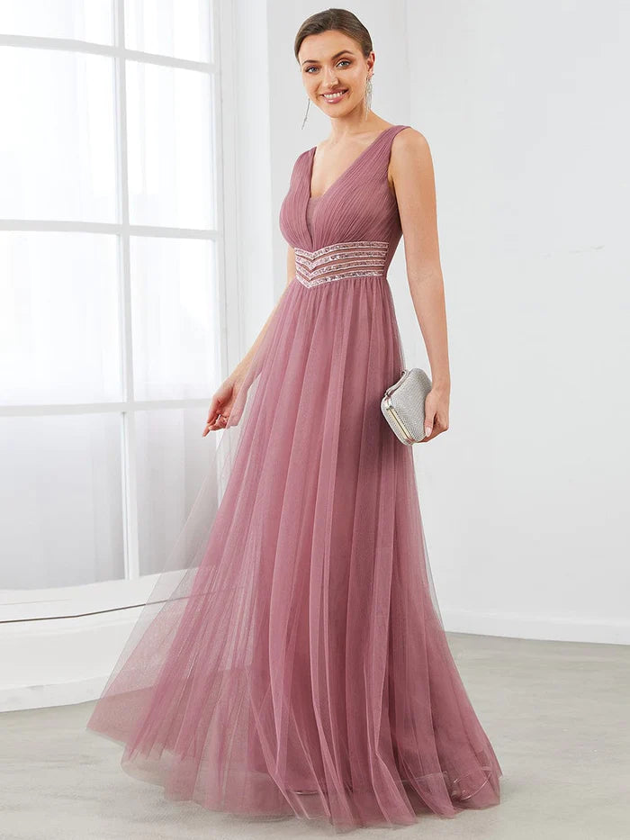 Sleeveless Tulle Sequin Chevron Empire Waist Evening Dress