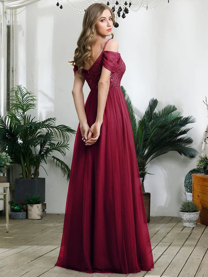 Sequin Bodice Cold Shoulder Floor Length Tulle Bridesmaid Dress