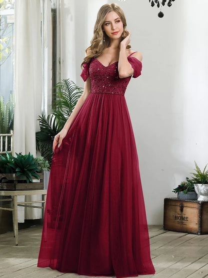 Sequin Bodice Cold Shoulder Floor Length Tulle Bridesmaid Dress