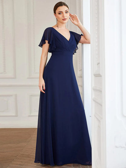 Short Ruffle Sleeve V-Neck Pleated Chiffon A-Line Evening Dress