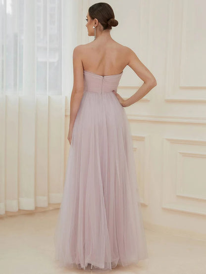 Strapless Ruched Tulle High Slit Floor-Length Evening Dress