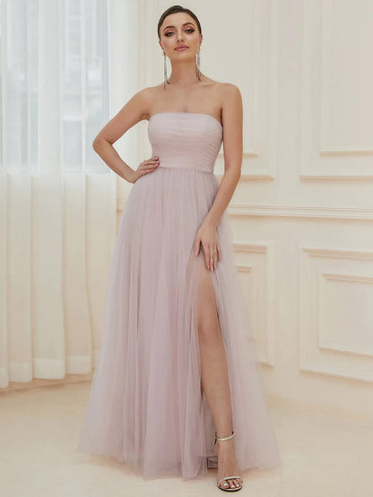 Strapless Ruched Tulle High Slit Floor-Length Evening Dress