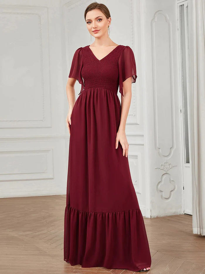 Short Sleeve V-Neck Shirred A-Line Evening Dress