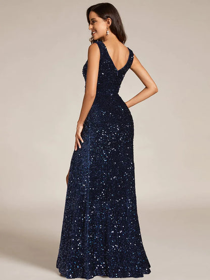 Custom Size V-neck Sequin Slit Mermaid Floor Length Evening Dress