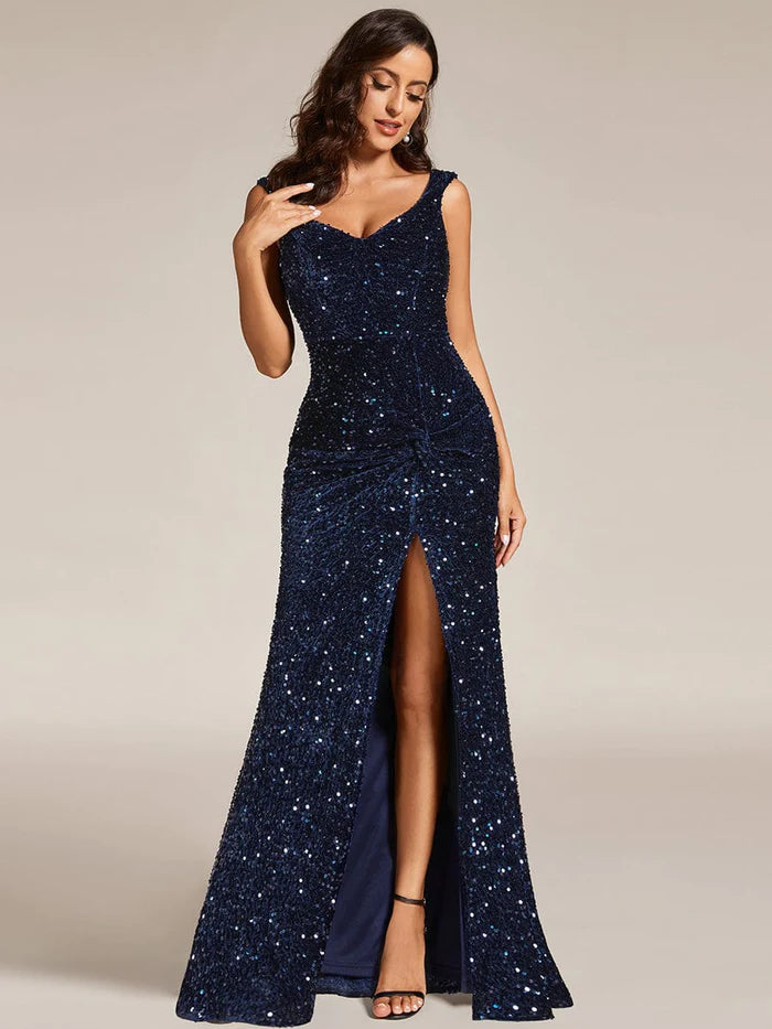 Custom Size V-neck Sequin Slit Mermaid Floor Length Evening Dress