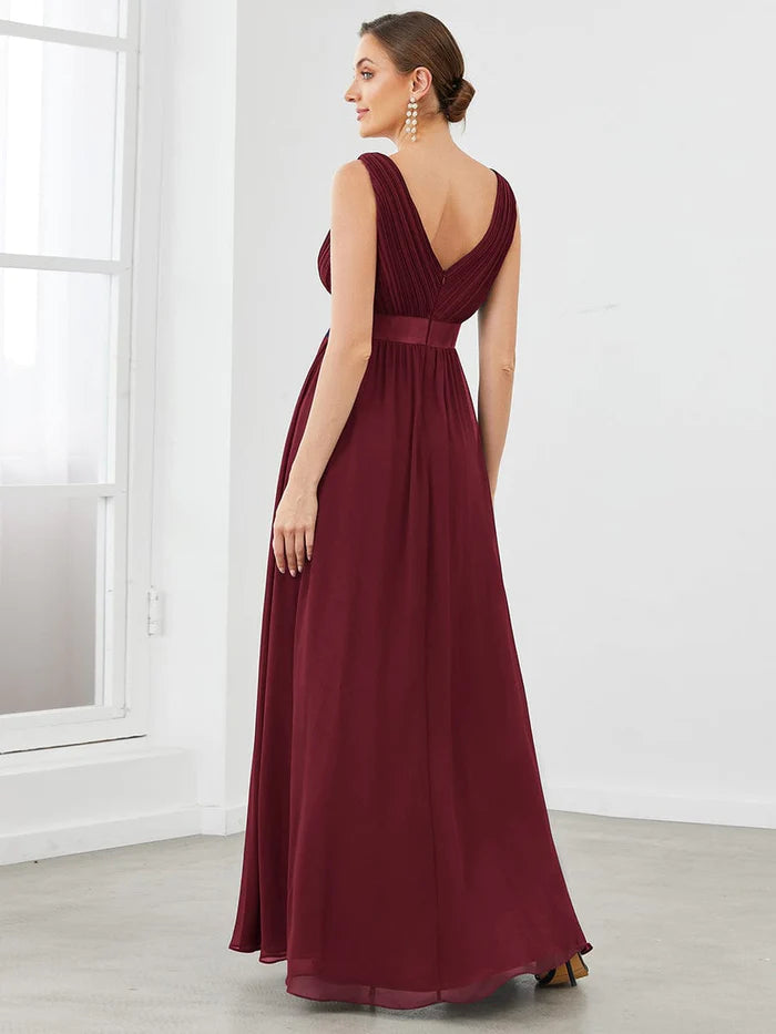 Sleeveless Satin Waist Chiffon A-Line Evening Dress