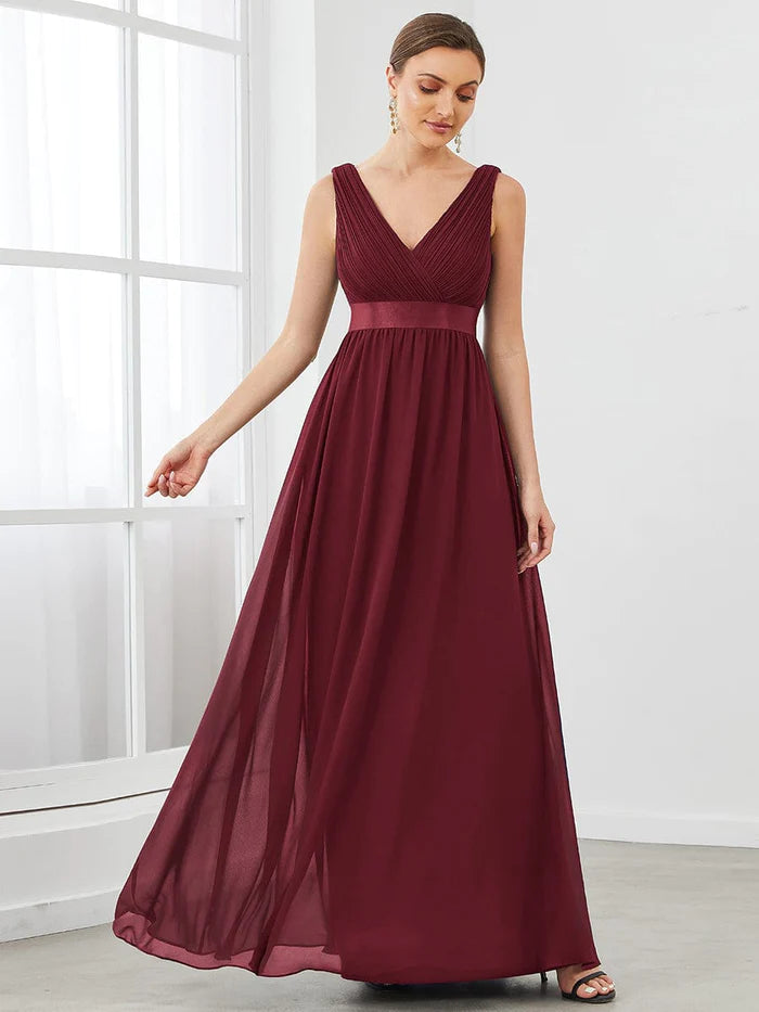 Sleeveless Satin Waist Chiffon A-Line Evening Dress