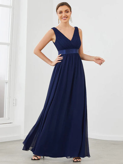 Sleeveless Satin Waist Chiffon A-Line Evening Dress