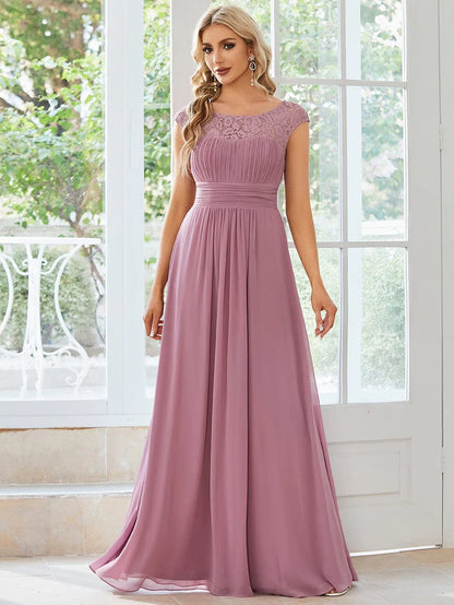 Elegant Chiffon Maxi Formal Evening Dress with Lace Cap Sleeve