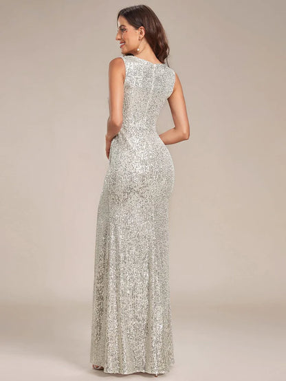 Shiny Sleeveless Sequin Deep V-Neck High Slit Evening Dress