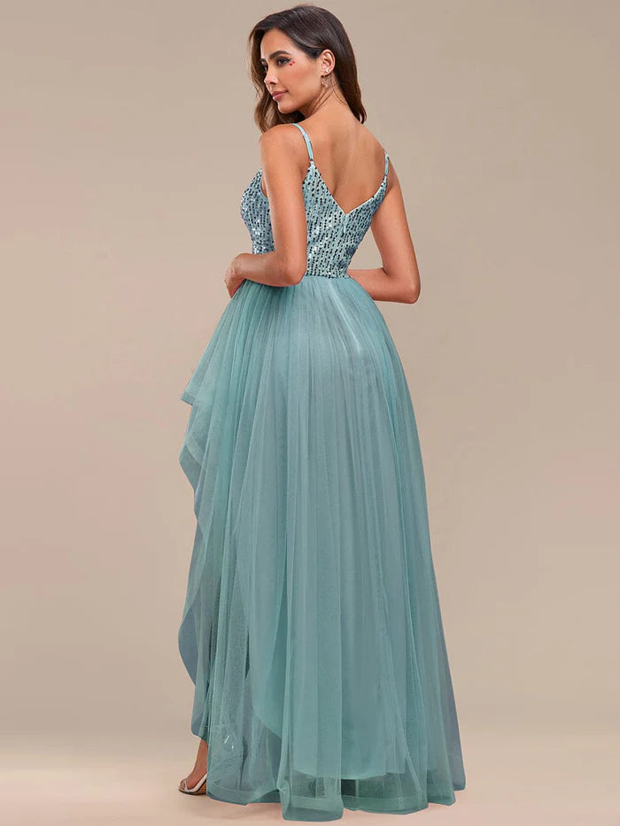 Spaghetti Strap Sequin Top A-Line High Low Tulle Evening Dress