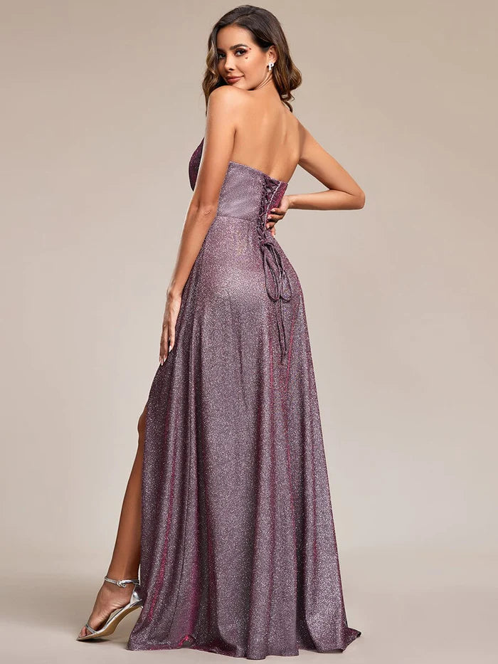 Shimmering Strapless A-Line Pleated Back-Laced High Slit Evening Dress