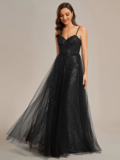 Spaghetti Straps Illusion Sleeveless A-Line Sequin Evening Dress with Tulle Cover