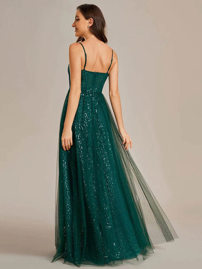 Spaghetti Straps Illusion Sleeveless A-Line Sequin Evening Dress with Tulle Cover