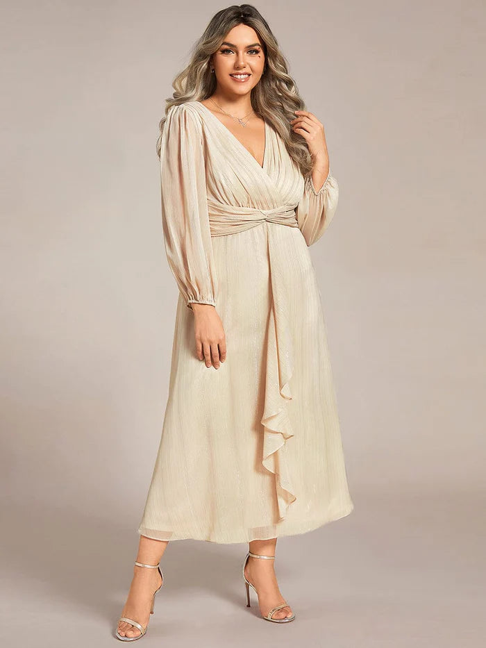 Plus Size Twist Knot Louts Leaf Long Sleeve A-Line Evening Dress