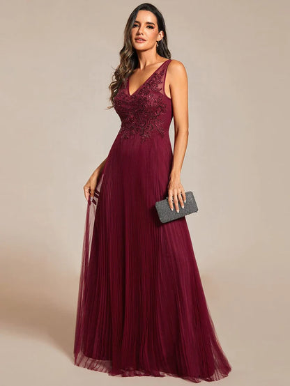 Exquisite Applique Embroidery Bodice Sleeveless A-Line Tulle Evening Dress