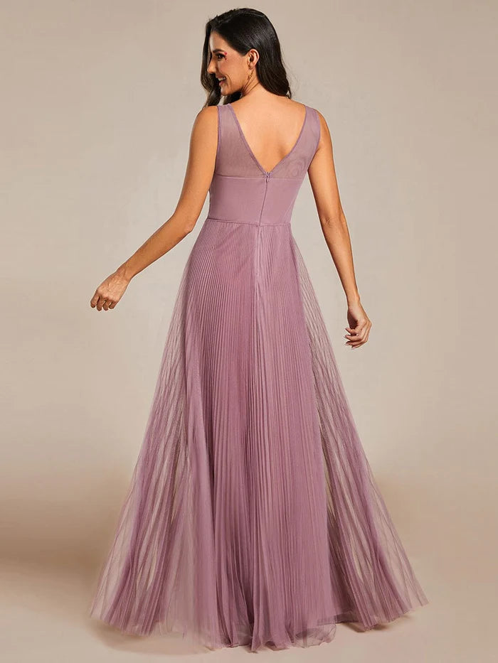 Exquisite Applique Embroidery Bodice Sleeveless A-Line Tulle Evening Dress