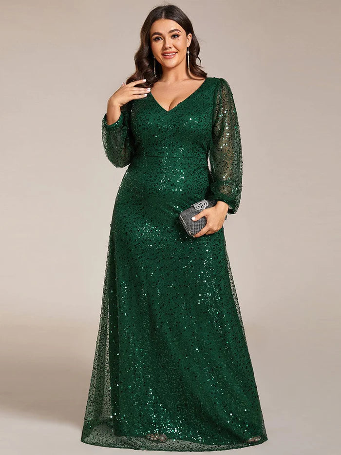 Plus Size V-Neck Lantern Long Sleeve Sequin A-Line Evening Dress