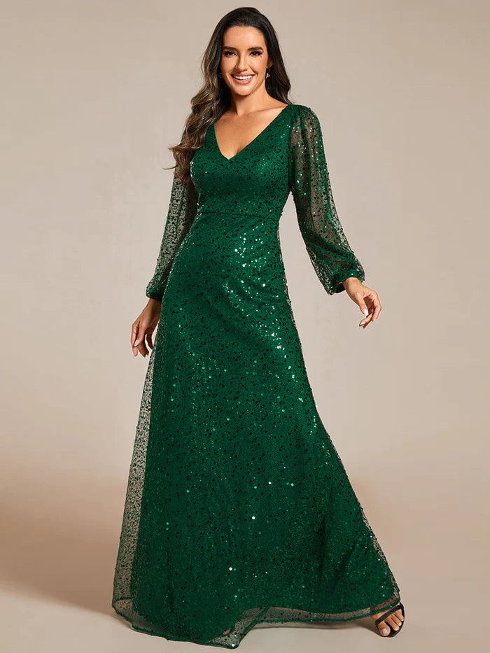 Shimmering All Over V-Neck Long Lantern Sleeve Sequin A-Line Evening Dress