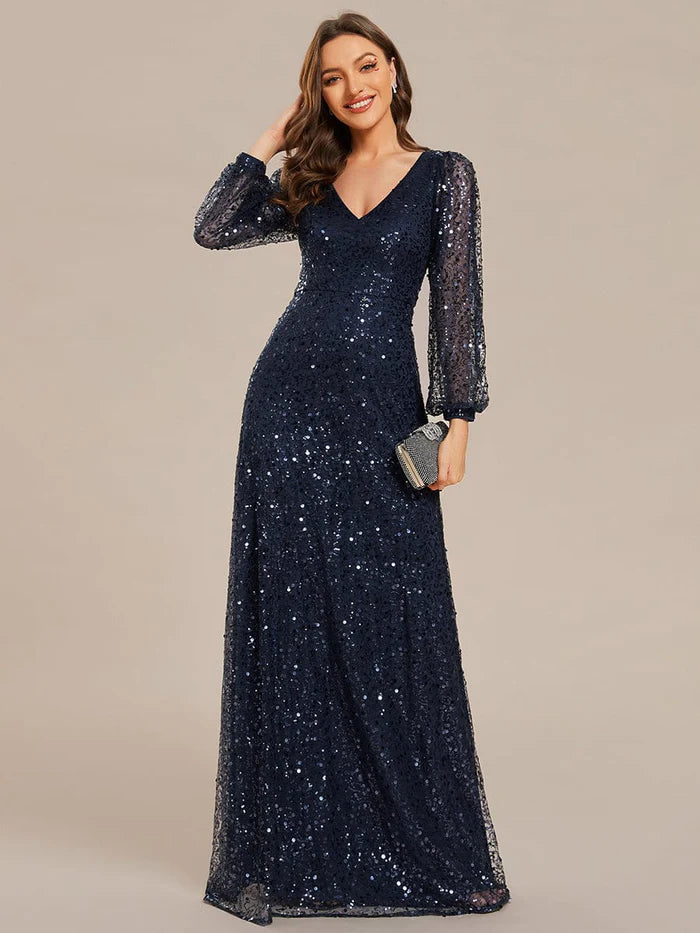 Shimmering All Over V-Neck Long Lantern Sleeve Sequin A-Line Evening Dress