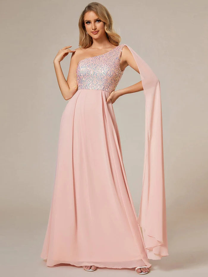 Sleeveless Chiffon A-Line Shinny Sequin Bodice One Shoulder Evening Dress