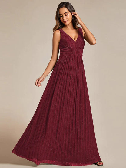 Glittery Sleeveless Pleated Empire Waist A-Line Formal Evening Dress