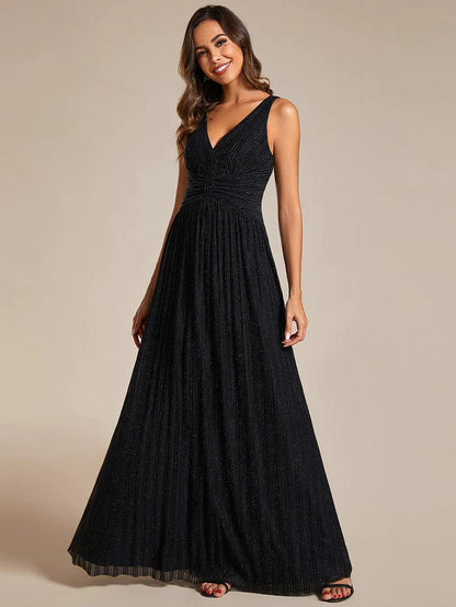 Glittery Sleeveless Pleated Empire Waist A-Line Formal Evening Dress