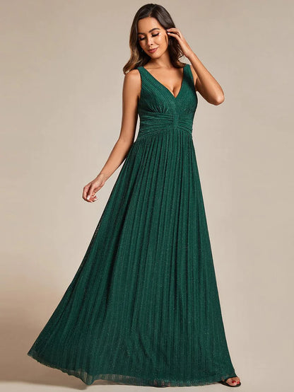 Glittery Sleeveless Pleated Empire Waist A-Line Formal Evening Dress