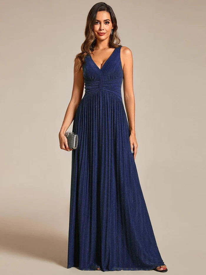 Glittery Sleeveless Pleated Empire Waist A-Line Formal Evening Dress