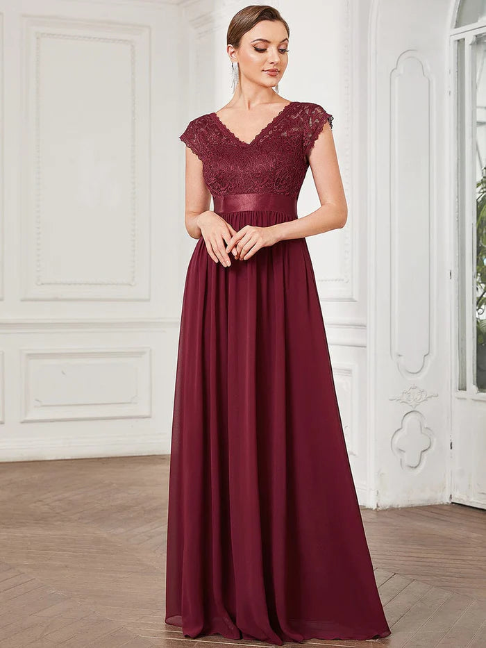 V-Neck Lace Empire Waist Short Sleeve Chiffon Evening Dress – LD Dress